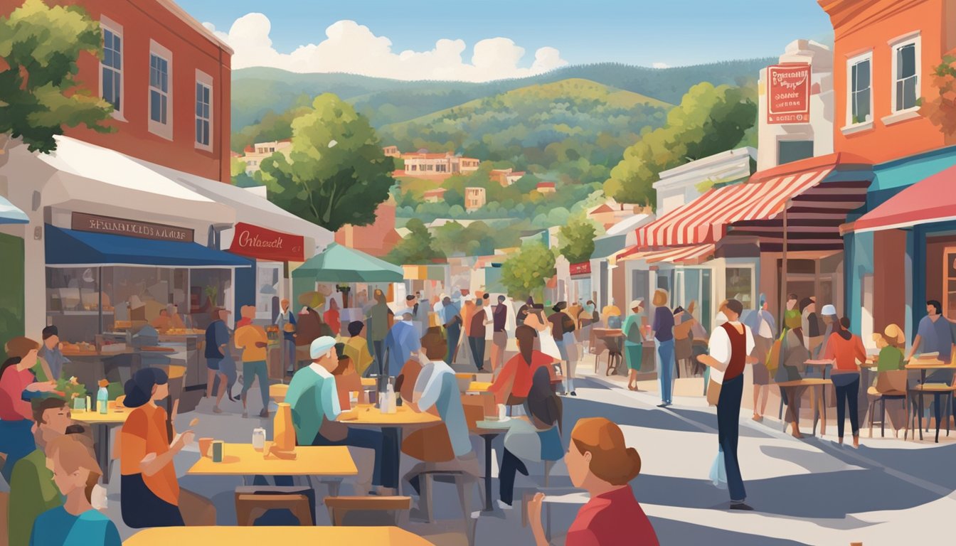 A bustling street lined with vibrant restaurants, each with a "Frequently Asked Questions" sign displayed prominently outside. The red hill in the background adds a picturesque backdrop to the lively scene