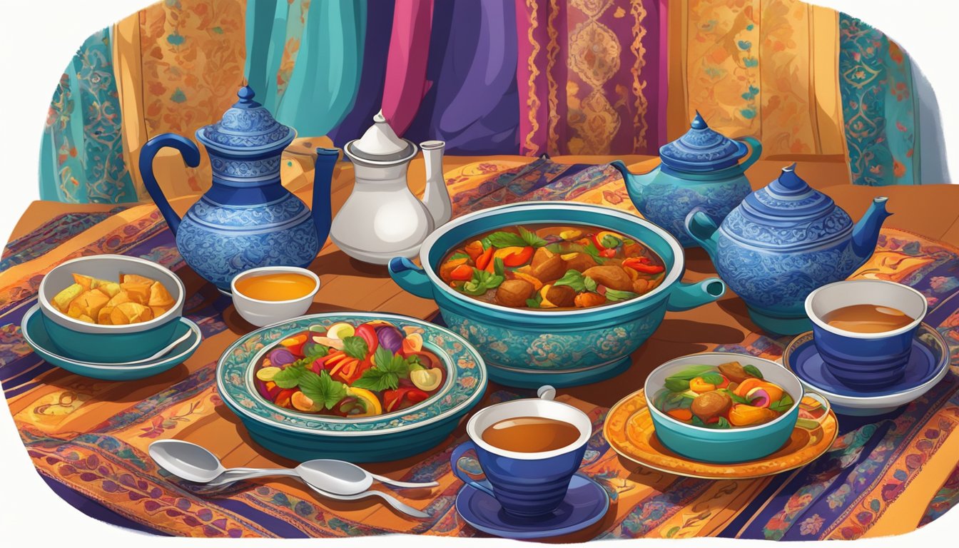 A table set with colorful Turkish dishes and a steaming pot of tea, surrounded by vibrant textiles and traditional Turkish decor