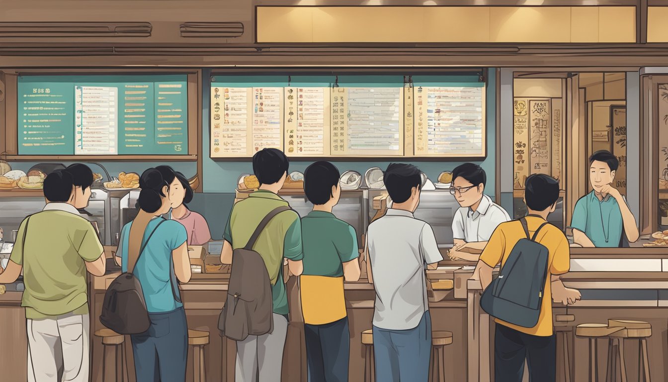 Customers line up at the entrance of Keng Seng Restaurant, looking at the frequently asked questions board. A server takes orders at a busy counter