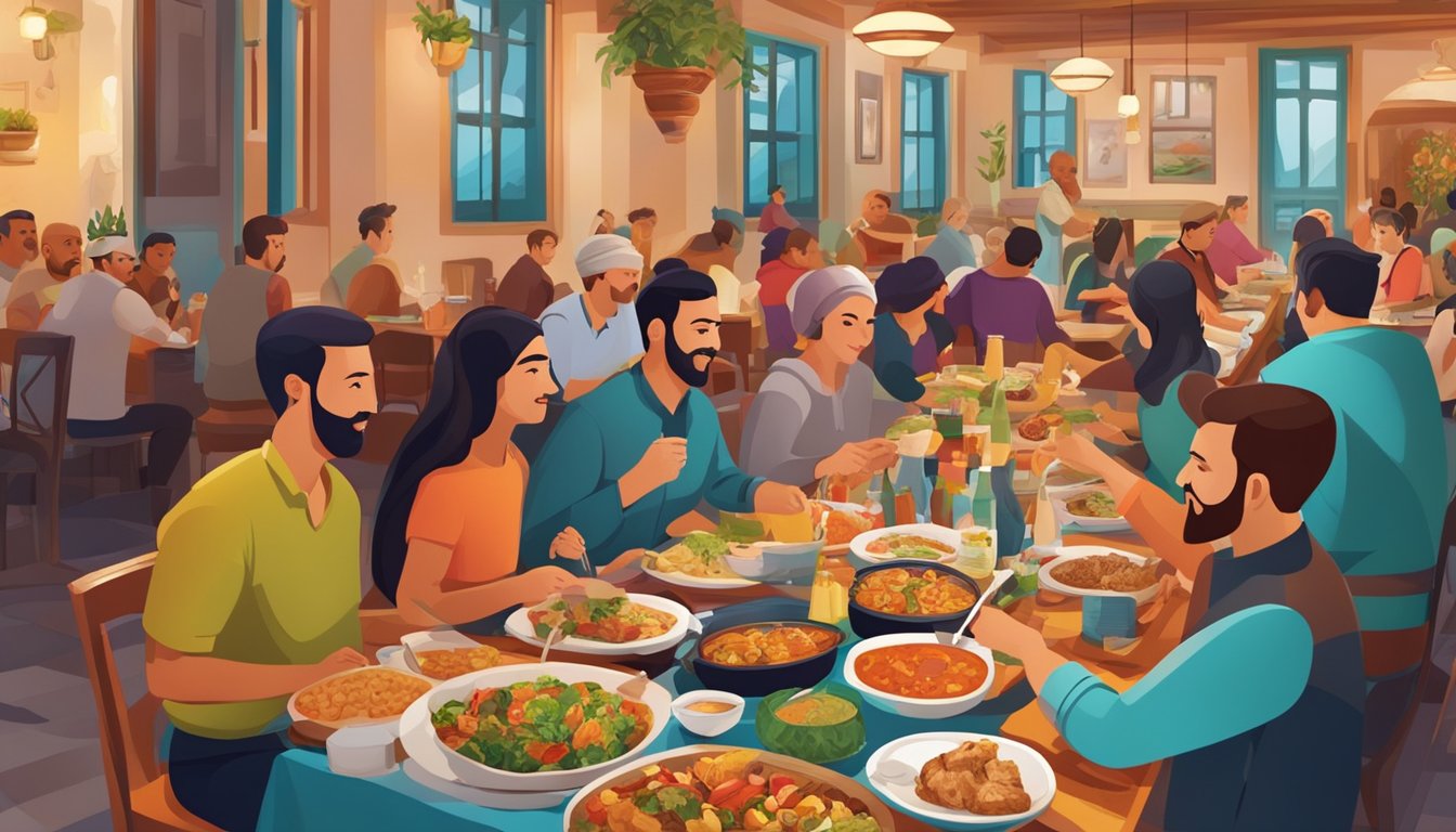 Customers enjoying a variety of Turkish dishes at a bustling restaurant, with colorful decor and traditional music playing in the background