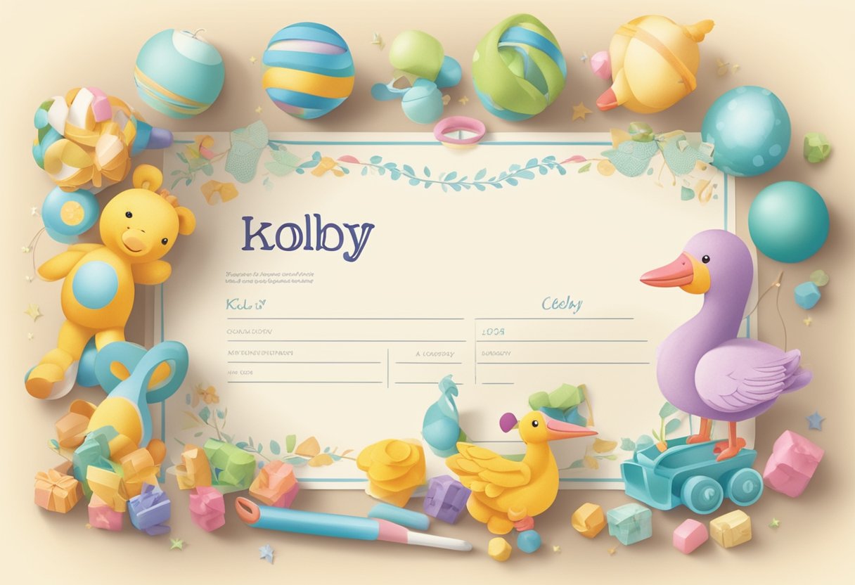 A baby name "Kolby" written in cursive on a birth certificate, surrounded by colorful baby toys and a stork delivering a bundle