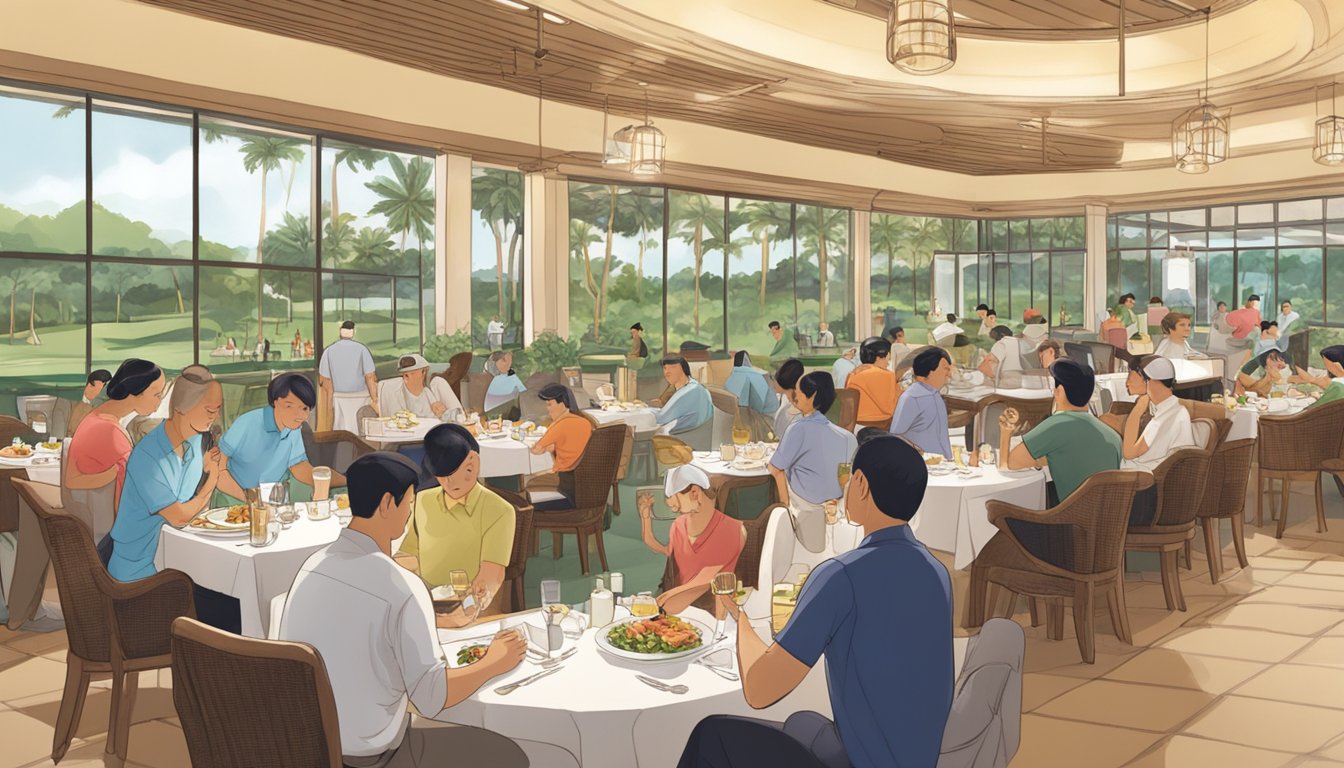 A bustling restaurant at Sentosa Golf Club, with patrons chatting and enjoying their meals. The staff are busy attending to tables and serving delicious dishes