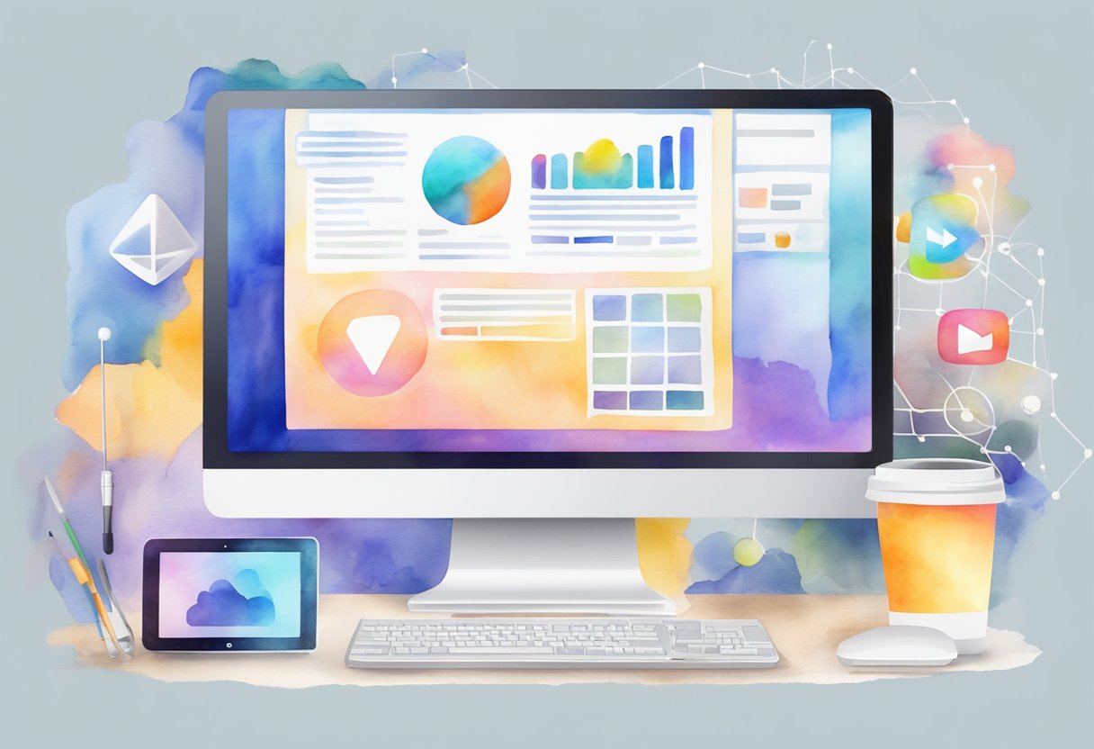 A computer screen with a YouTube video playing, surrounded by various digital marketing tools and a web of interconnected links