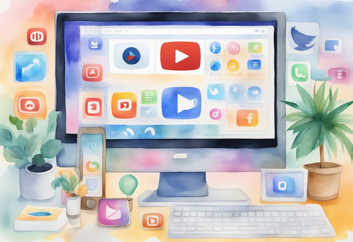 A computer screen displaying a YouTube video with a clickable link to a website, surrounded by icons of various social media platforms