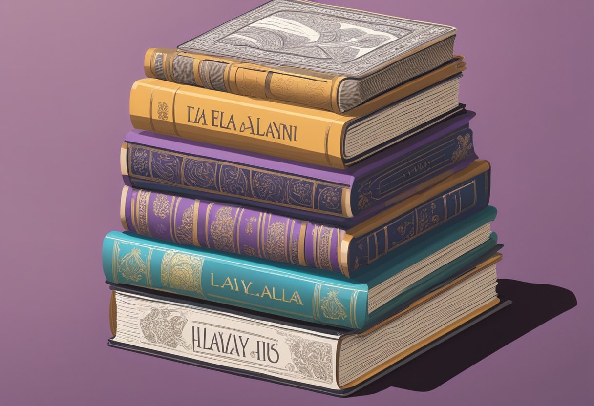 A stack of classic literature books with the name "Layla" highlighted on each cover. A diverse array of cultural symbols surrounds the books