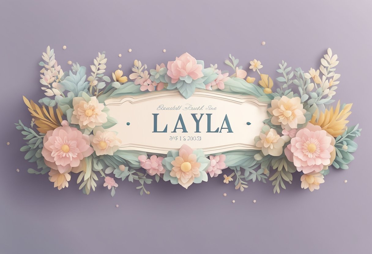 A baby layla nameplate surrounded by soft pastel colors and delicate floral motifs