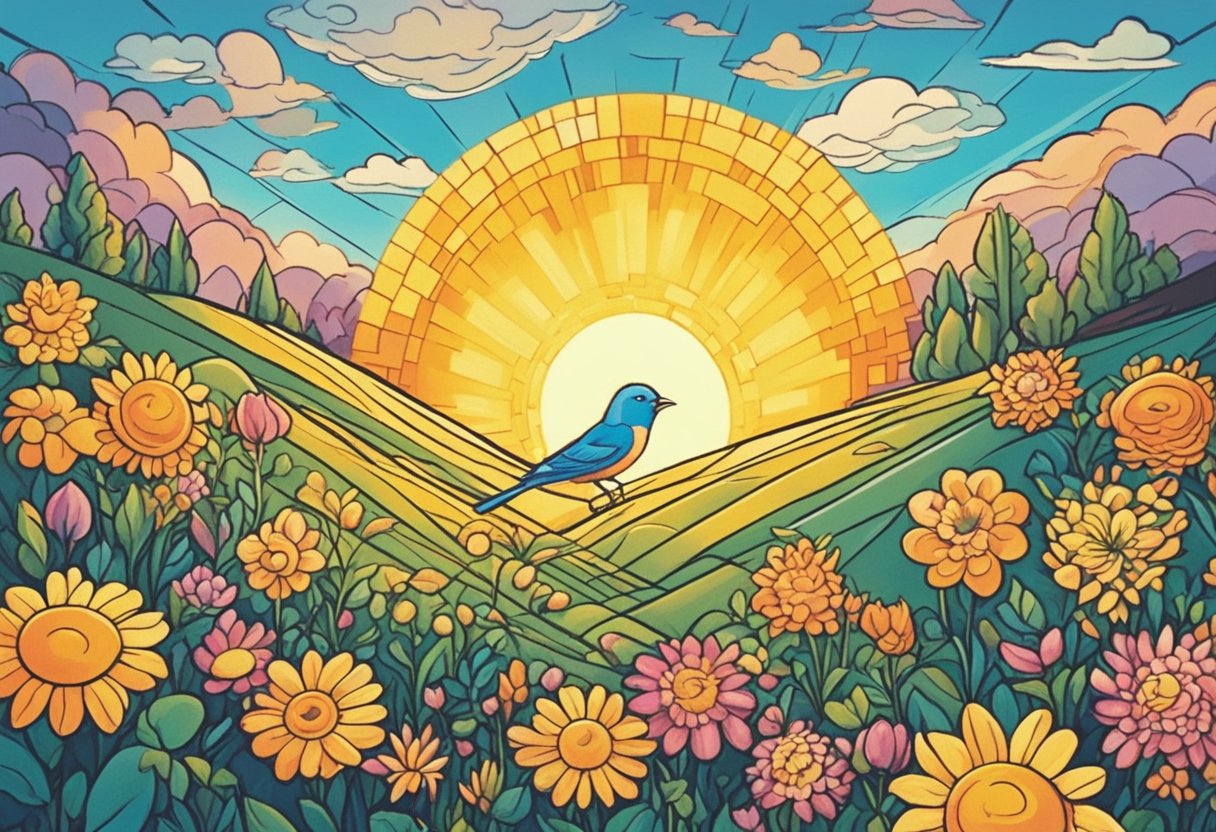 A smiling sun shines down on a field of colorful flowers, with a gentle breeze blowing through the air. A small bird perches on a branch, chirping happily