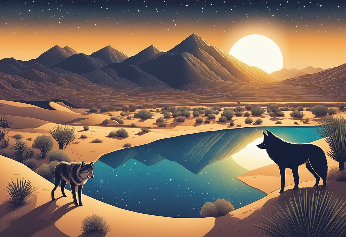 A bright star shining over a peaceful desert oasis, with a lone wolf howling in the distance