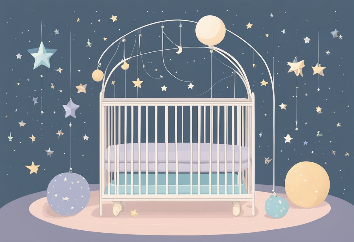 A crib with the name "Lauren" written on a soft, pastel-colored blanket. A mobile with delicate, dangling stars and moons hangs above