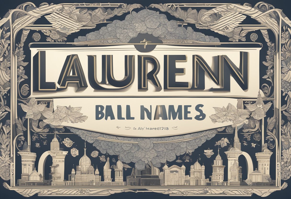 A baby name "Lauren" displayed on a banner at a cultural event, surrounded by symbols of significance and fame