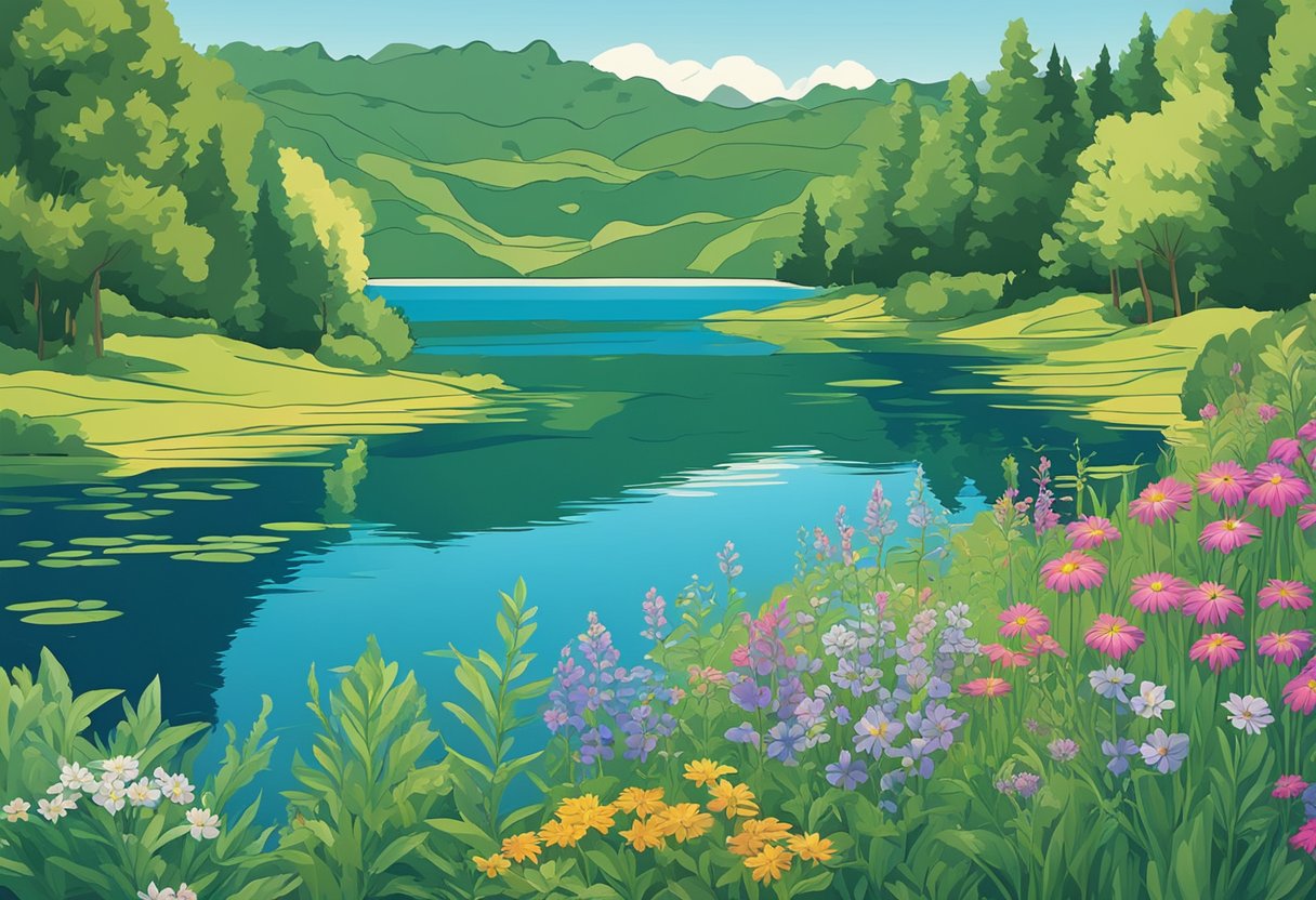 A serene lake surrounded by lush greenery and colorful wildflowers, with a clear blue sky and gentle ripples on the water