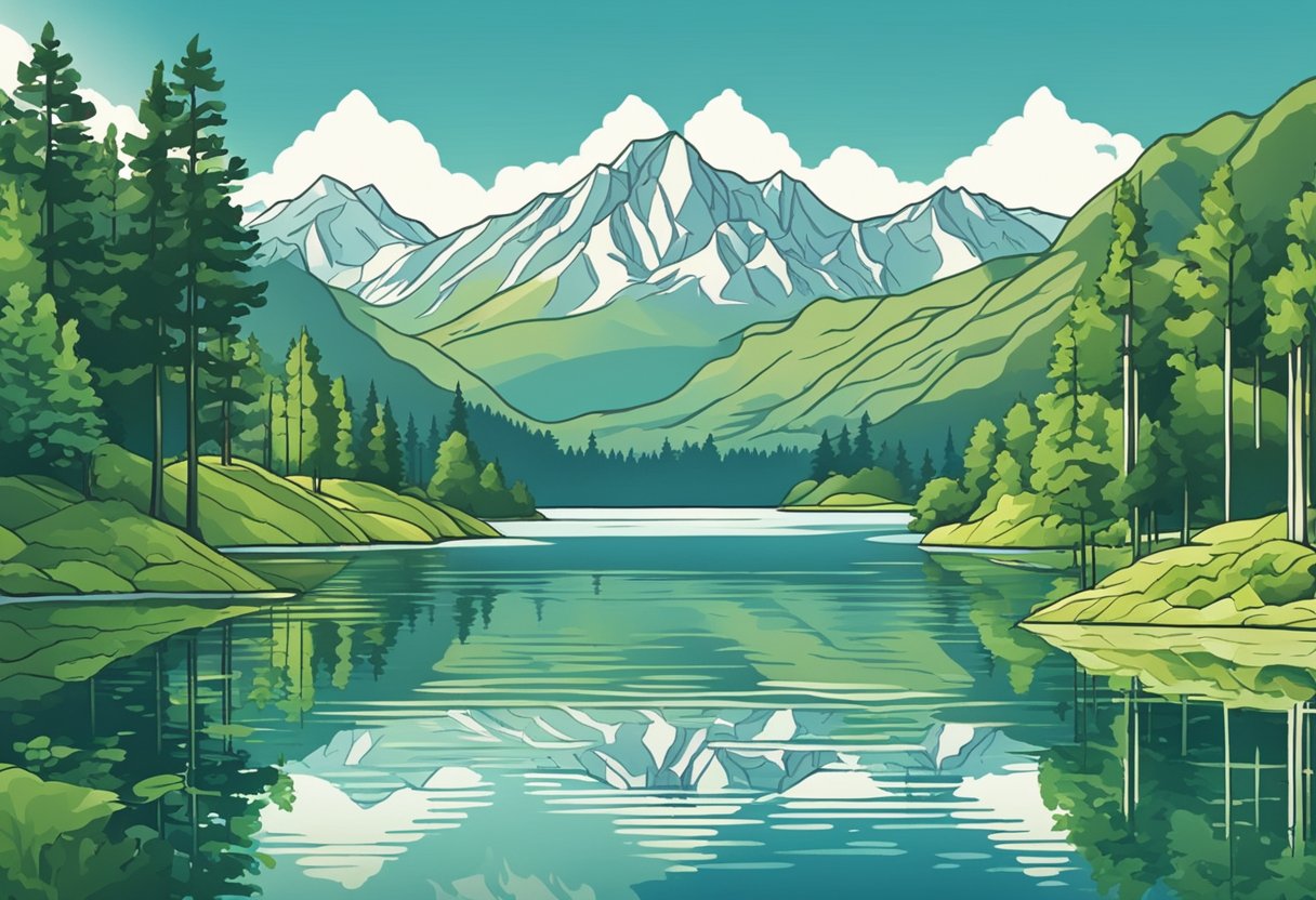 A serene lake surrounded by lush greenery, with a clear reflection of the sky and mountains in the calm water