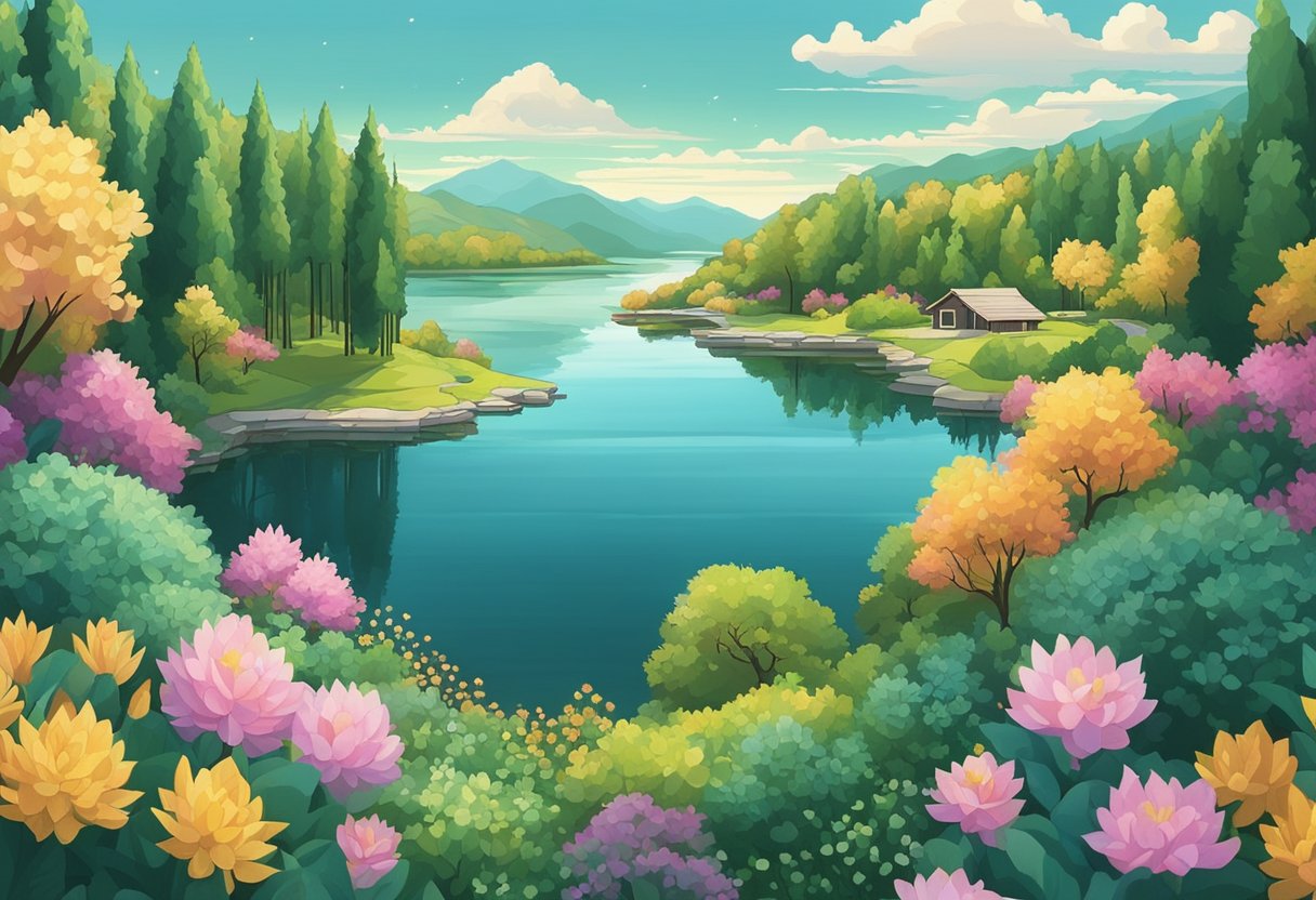 A serene lake reflects the changing colors of the sky, surrounded by lush greenery and blooming flowers