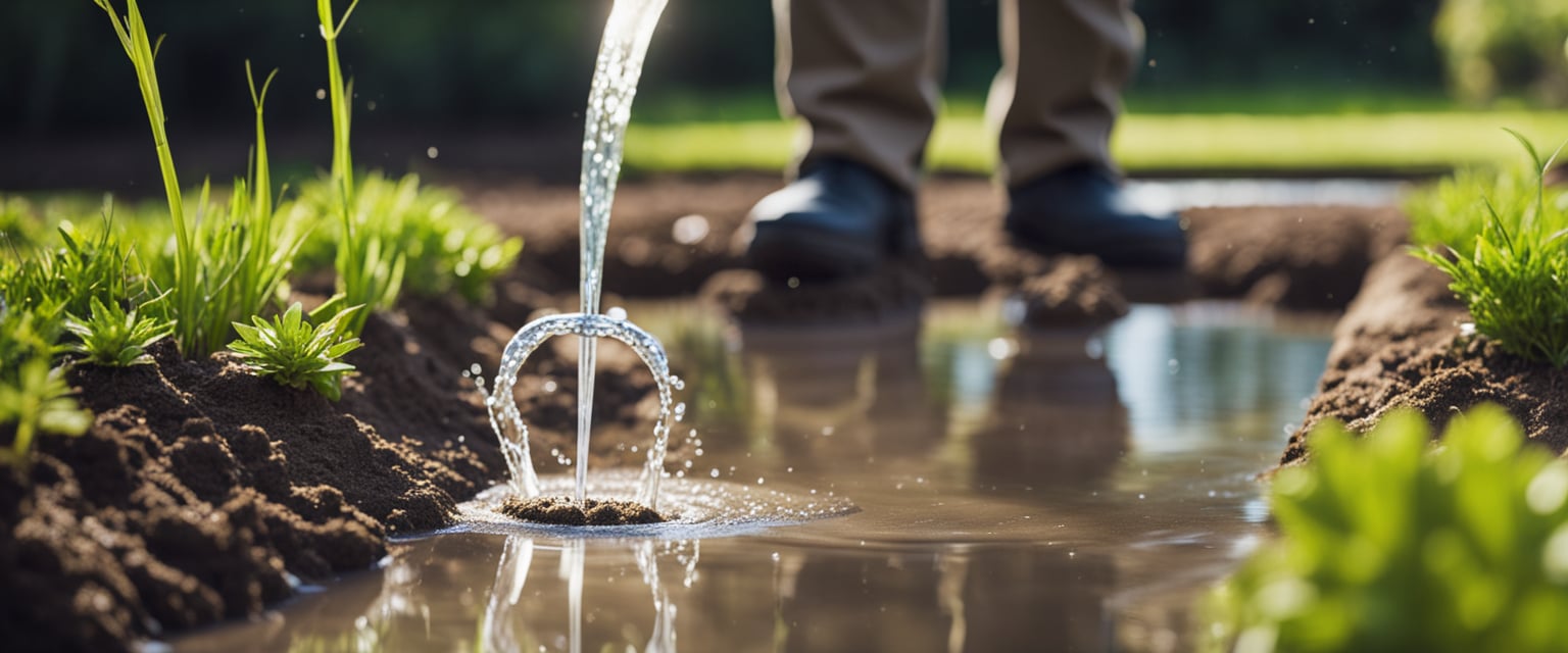 The gardener tests soil drainage by pouring water onto the ground and observing how quickly it absorbs or pools. They may also dig to check for compacted or waterlogged areas