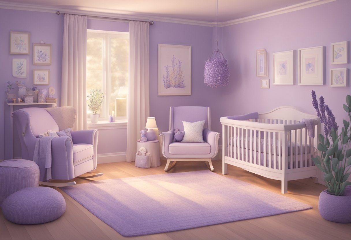 A lavender-themed nursery with soft pastel walls, a cozy rocking chair, and delicate floral accents