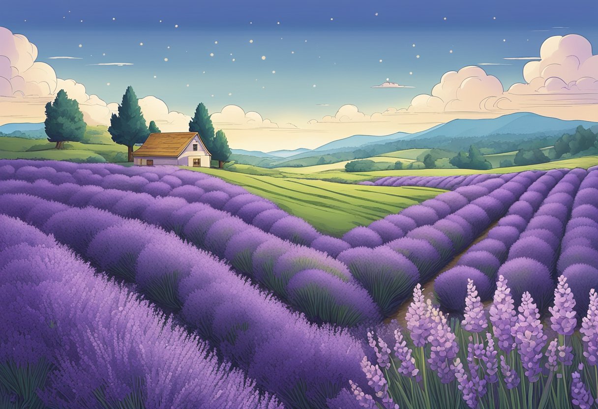 A field of blooming lavender with a book open to the page on the origin and meaning of the name "Lavender"