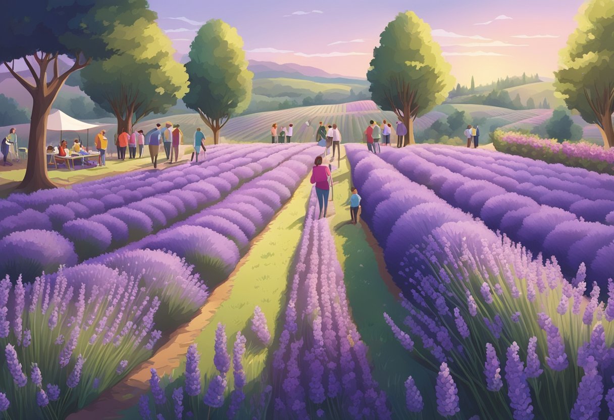 A lavender field with a variety of blooming flowers, surrounded by people enjoying picnics and taking photos
