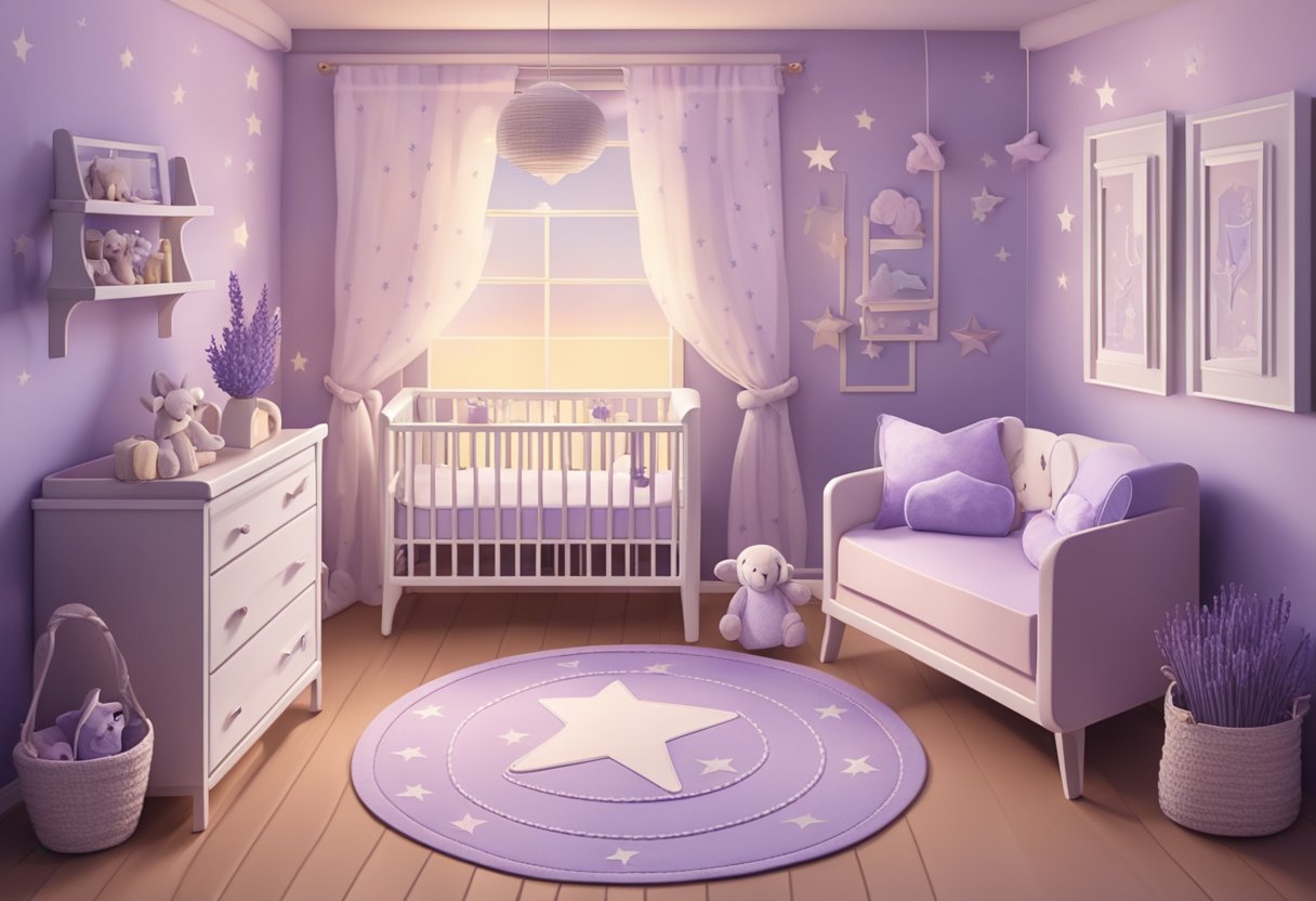 A lavender nursery with soft, pastel walls and a cozy rocking chair. A mobile with lavender-colored stars hangs above the crib, creating a serene and calming atmosphere