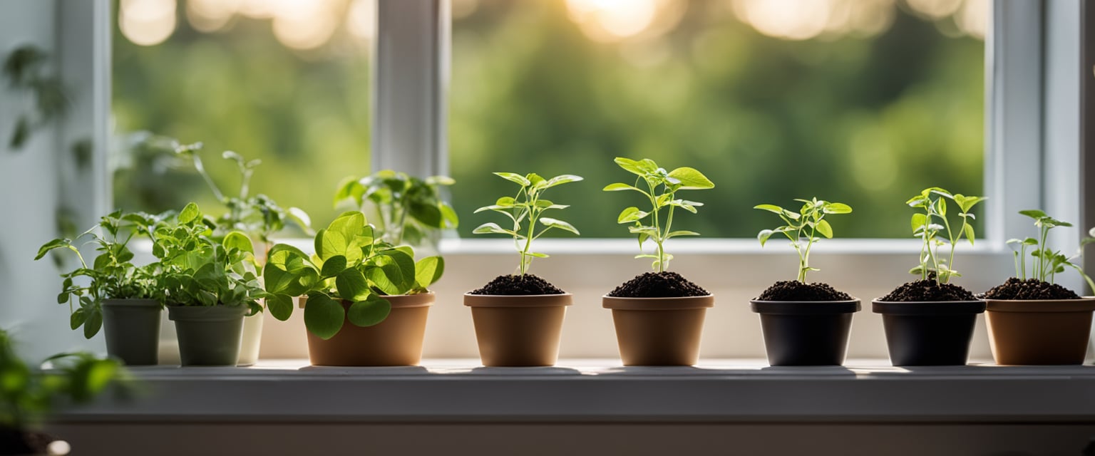 Seeds in small containers on a sunny windowsill, surrounded by pots, soil, and a watering can. A grow light hangs overhead, providing artificial light for the seedlings