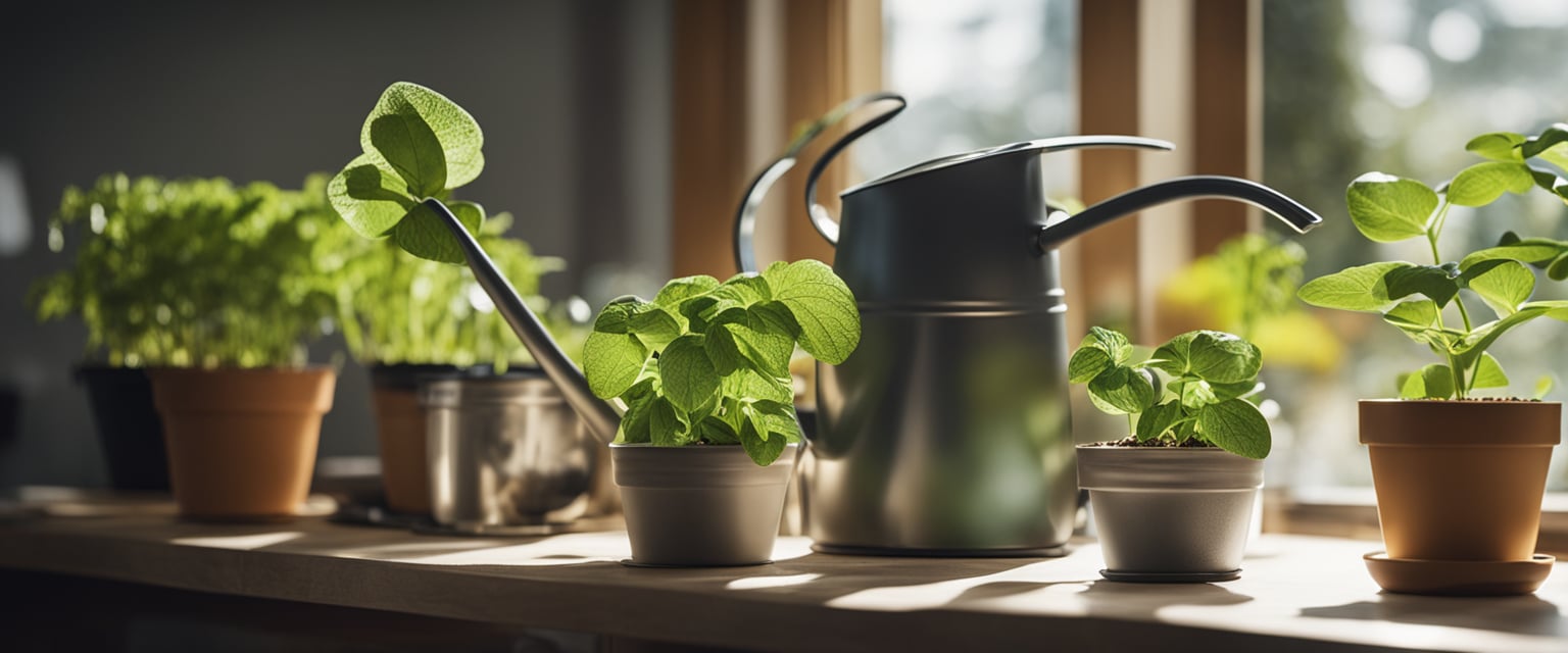 A table with various seed packets, small pots, soil, and a watering can. A grow light hangs above the setup, providing artificial sunlight