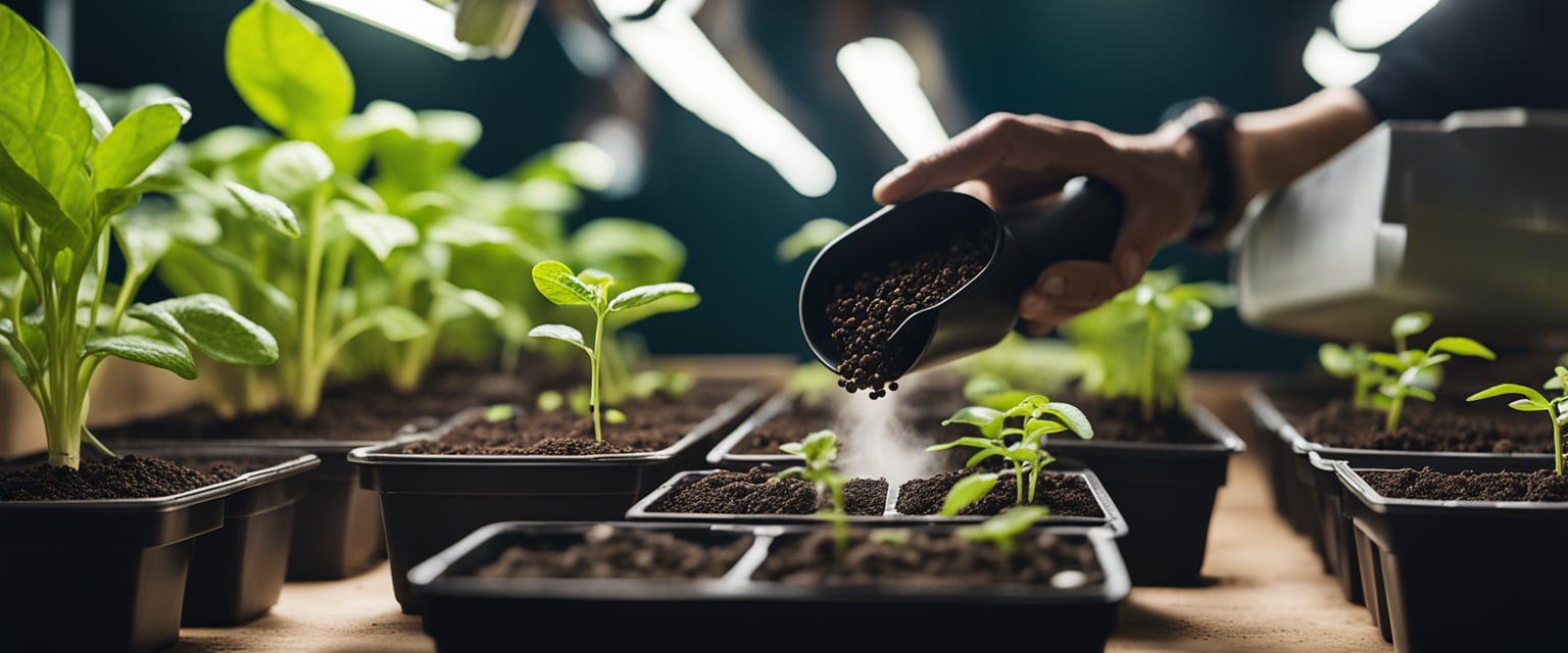 Seeds being carefully placed into small pots filled with soil under a grow light, with a misting bottle nearby for watering