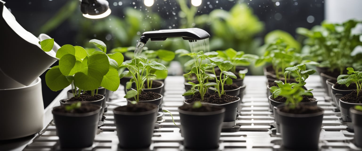 A table with seed trays under a grow light, surrounded by small pots, soil, and watering can. A person could be seen gently tending to the seedlings