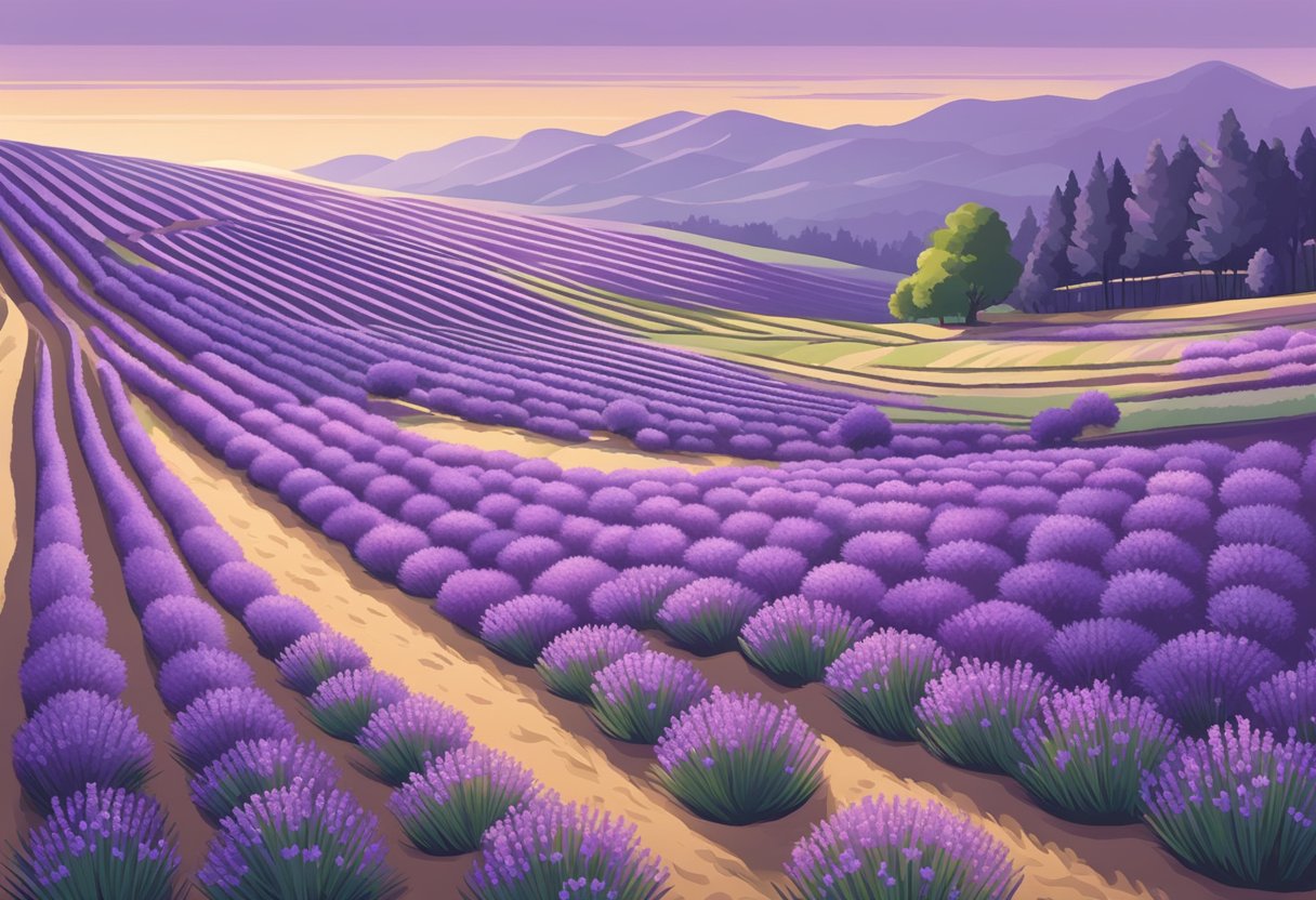 Lavender fields in full bloom, emitting a calming aroma. Soft sunlight illuminates the delicate purple flowers, creating a serene and soothing sensory experience