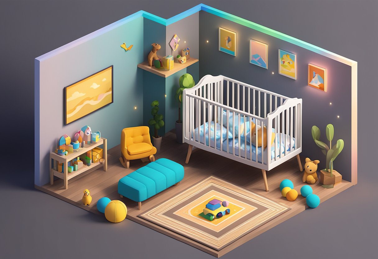 A crib with the name "Lennon" on it, surrounded by colorful toys and a soft blanket