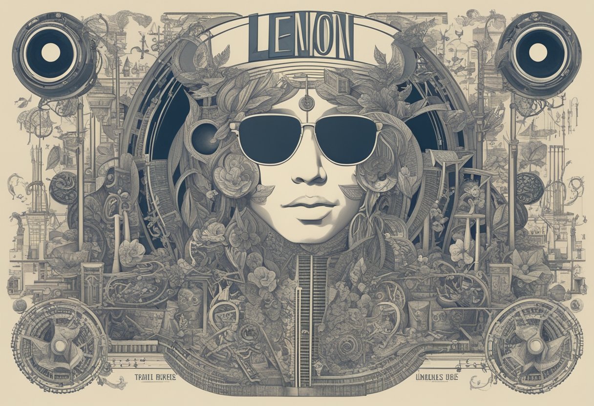 Lennon's name fused with music and culture, surrounded by musical notes and symbols