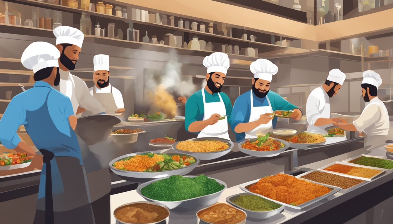 Customers enjoying diverse halal dishes at bustling East halal restaurants. Aromatic spices fill the air as chefs prepare savory meals