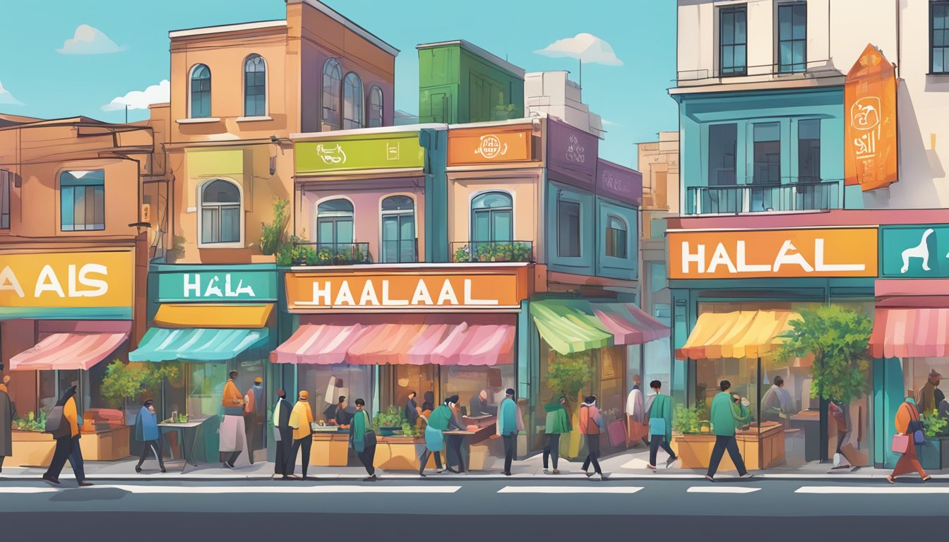A bustling street with colorful signs advertising halal restaurants in the East, people walking by and stopping to read the FAQs displayed outside each establishment