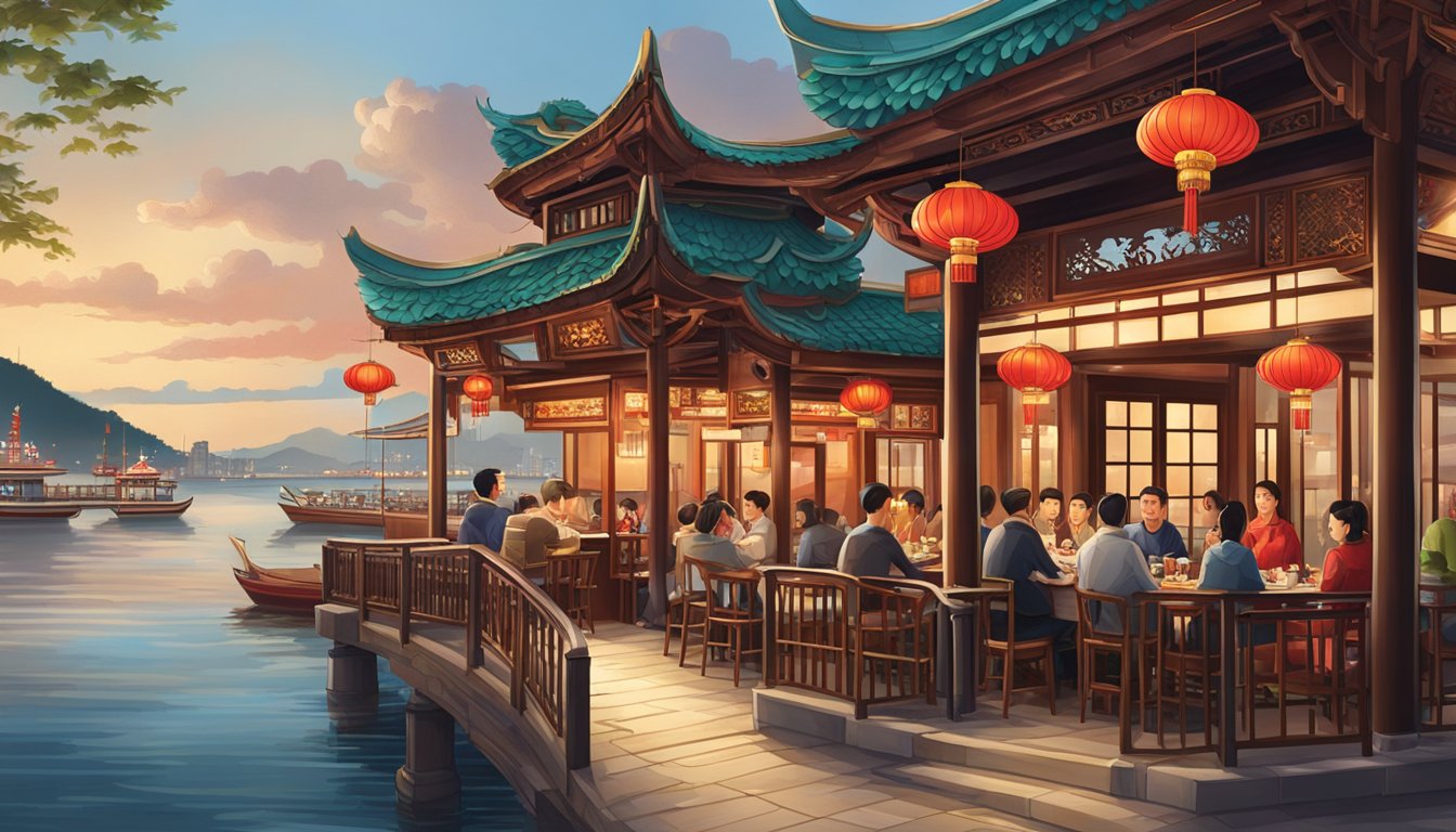 The bustling harbourfront Chinese restaurant features red lanterns, ornate dragon decorations, and a waterfront view