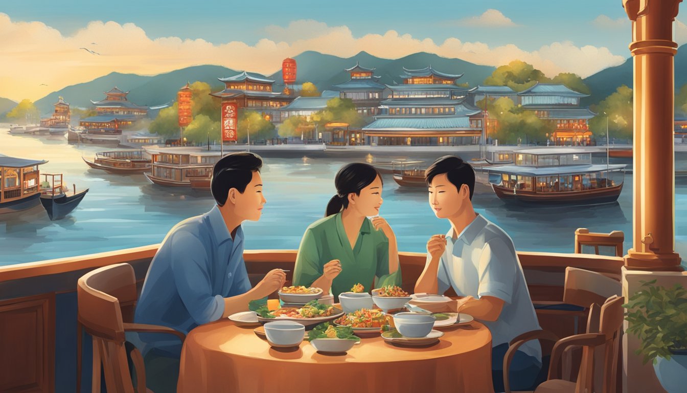 Customers savoring dishes at Harbourfront Chinese Restaurant, with a view of the serene waterfront and boats docked at the harbor