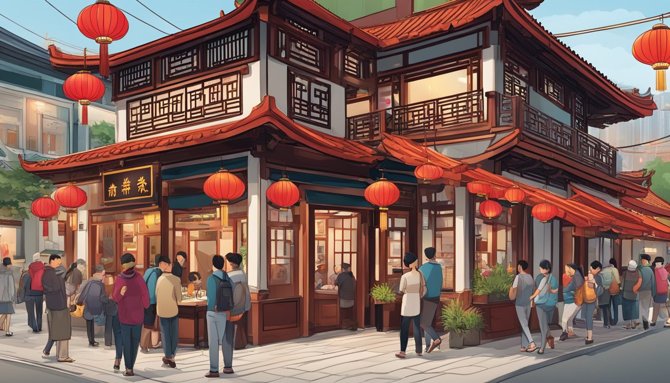 A bustling harbourfront Chinese restaurant with bright red lanterns and a welcoming entrance, surrounded by a mix of locals and tourists enjoying the convenient and accessible location