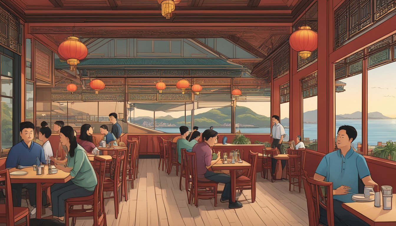 A bustling Chinese restaurant with a waterfront view. Customers dine at red-clothed tables while servers move swiftly between them. A sign reading "Frequently Asked Questions" hangs above the entrance