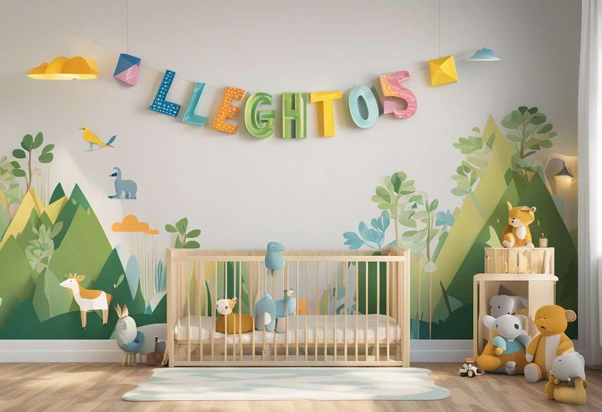 Leighton's name written in colorful block letters on a nursery wall, surrounded by playful animal and nature-themed decorations