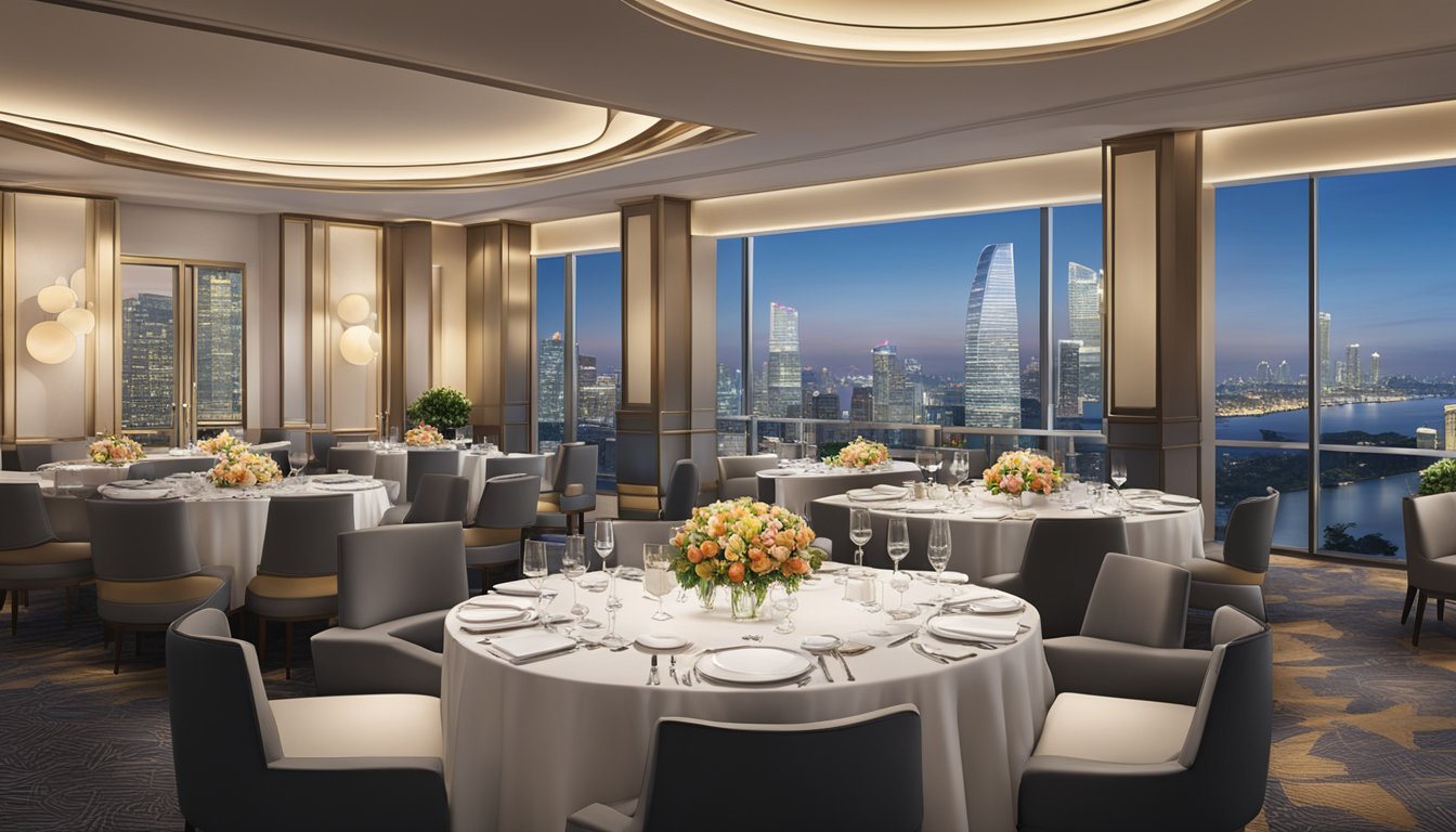 A luxurious dining room at Hilton Singapore, with elegant table settings and a view of the city skyline
