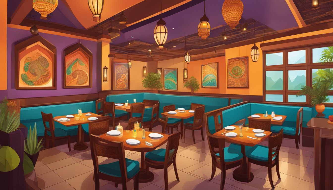 Vibrant Indian restaurant on the east coast, with colorful decor and aromatic spices filling the air. Tables set with traditional dishes and dim lighting creating a cozy atmosphere