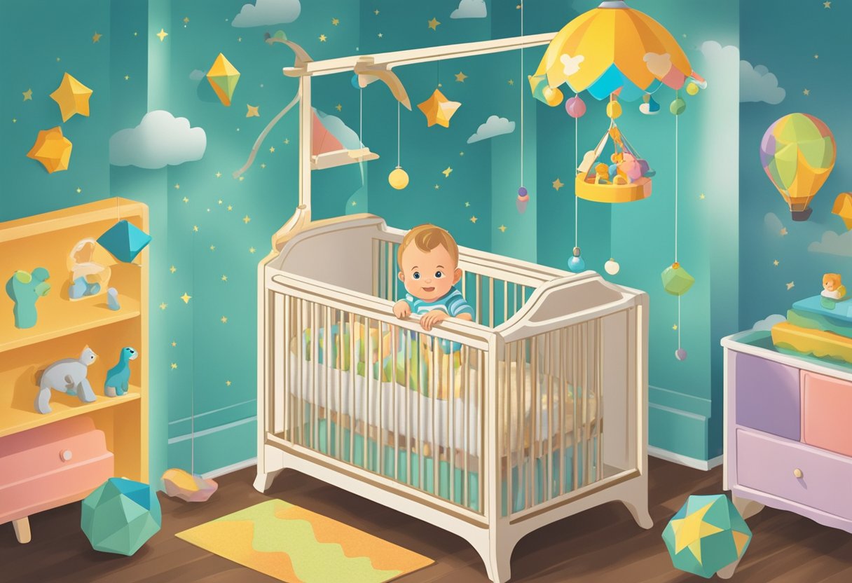 A baby named Lincoln playing with a colorful mobile above their crib