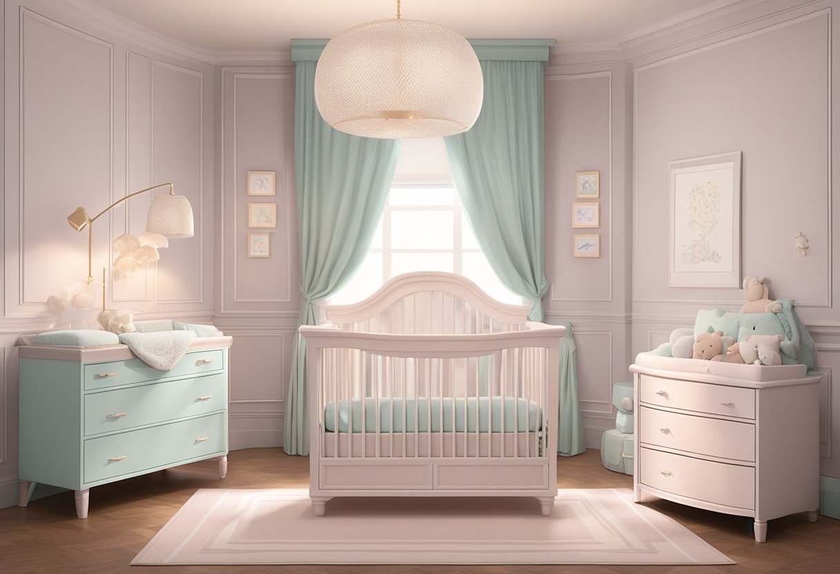 A soft, pastel-colored nursery with a crib adorned with the name "Lilah" in elegant script above it