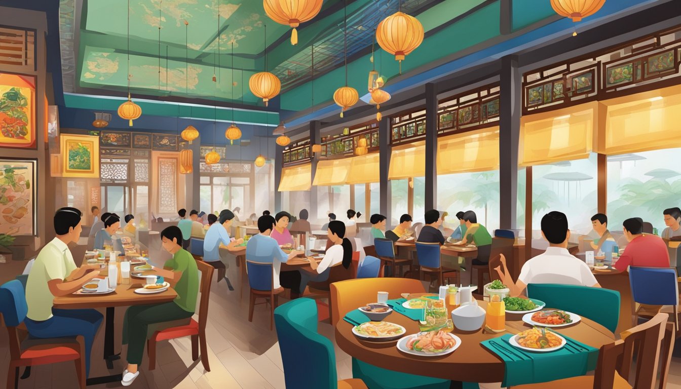 A busy Indo Chinese restaurant in Singapore with colorful decor and steaming dishes on tables