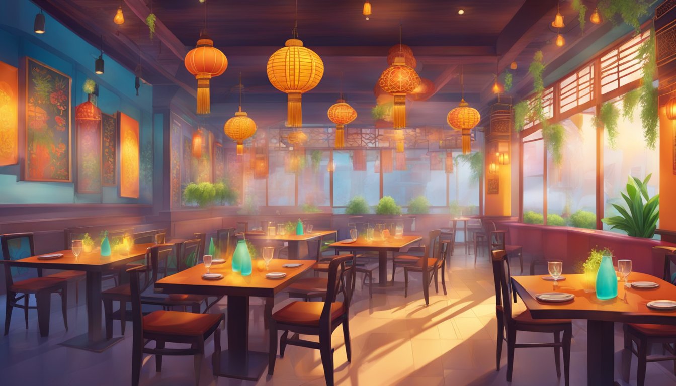 Vibrant restaurant interior with a mix of Chinese and Indian decor, aromatic steam rising from sizzling woks, and colorful dishes on tables