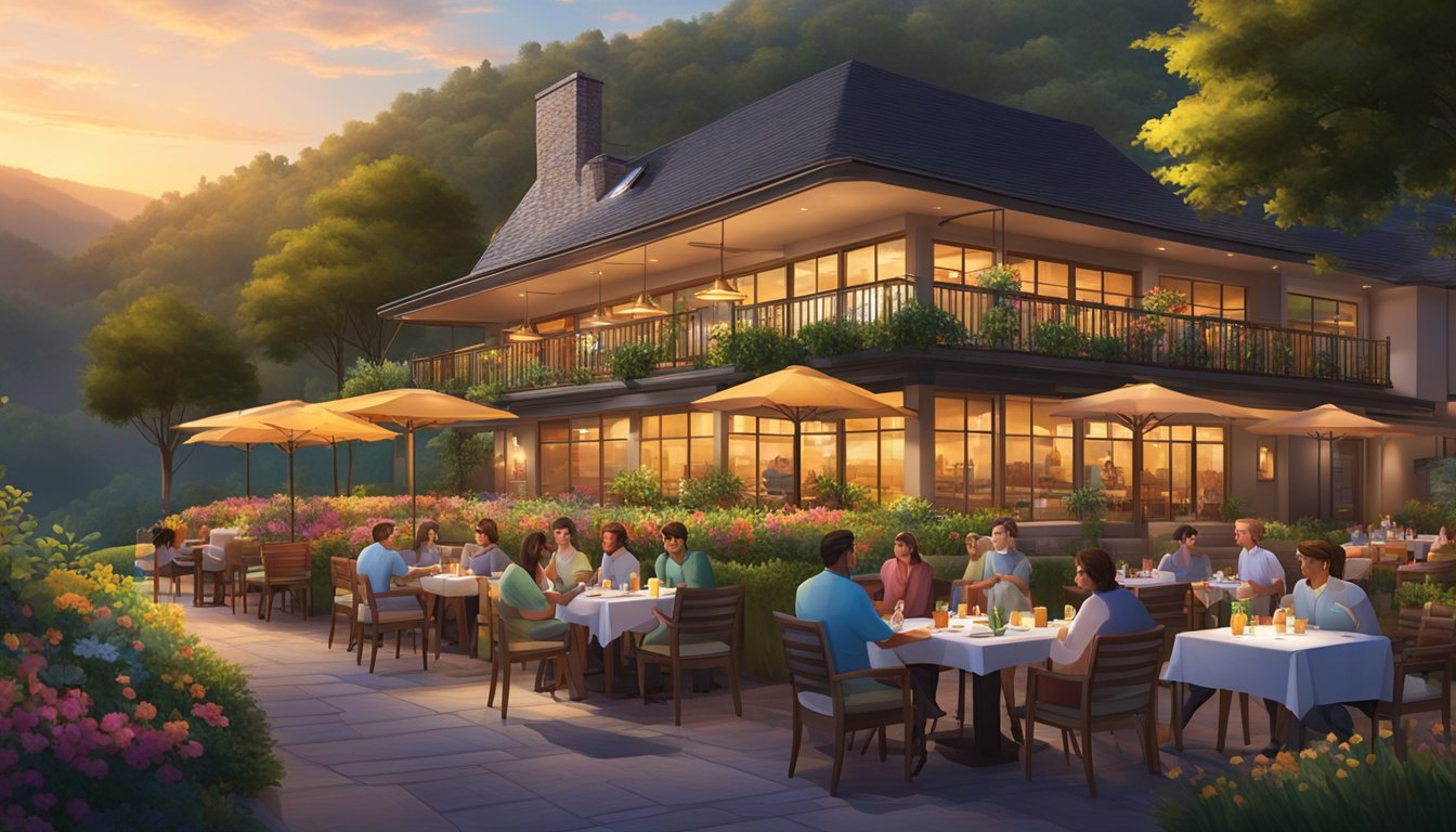 The hillv2 restaurant sits atop a lush green hill, surrounded by tall trees and colorful flowers. The warm glow of the setting sun bathes the outdoor dining area, while diners enjoy their meals with a view of the picturesque landscape