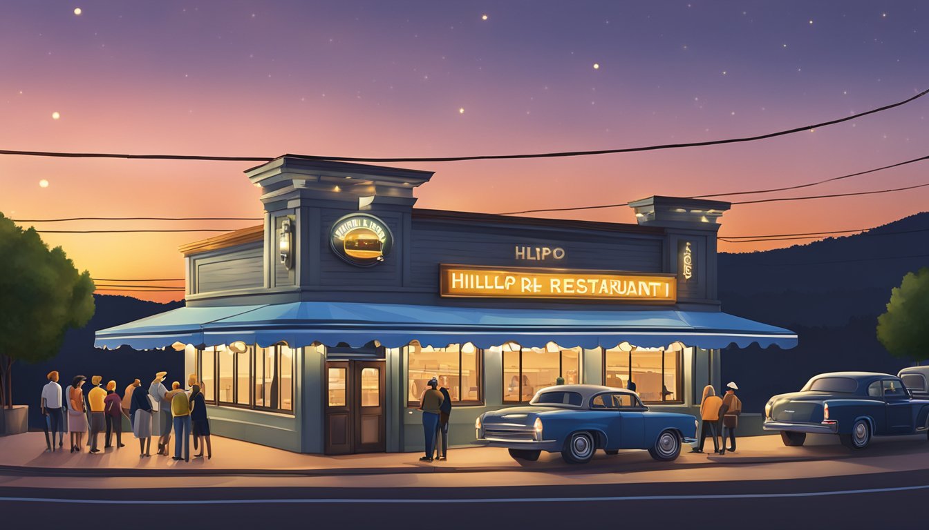 The hilltop restaurant sign illuminates against the dusk sky, with a line of patrons waiting outside under string lights