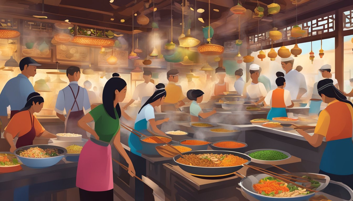A bustling Thai pan restaurant with steaming woks, colorful ingredients, and fragrant spices filling the air. Customers eagerly await their orders at the vibrant, bustling eatery
