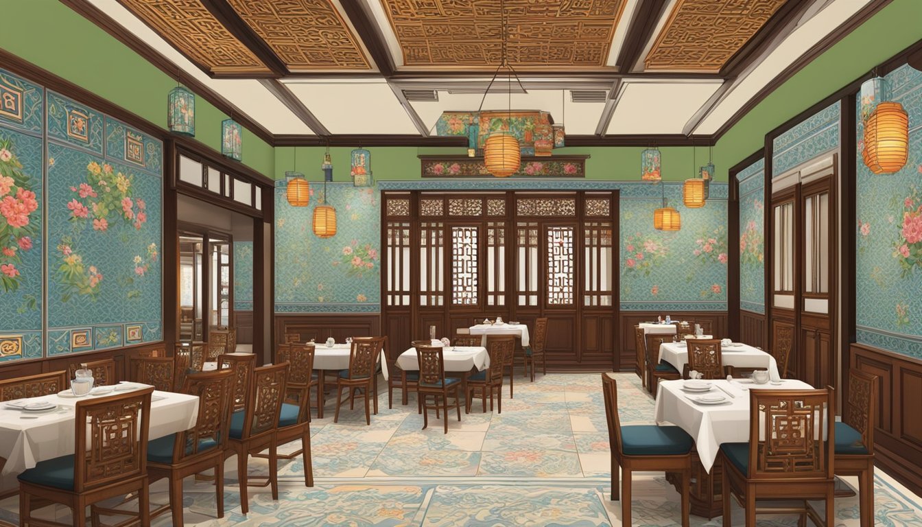 A traditional straits chinese restaurant in Singapore, with ornate wooden furniture, intricate Peranakan tiles, and vibrant floral motifs adorning the walls