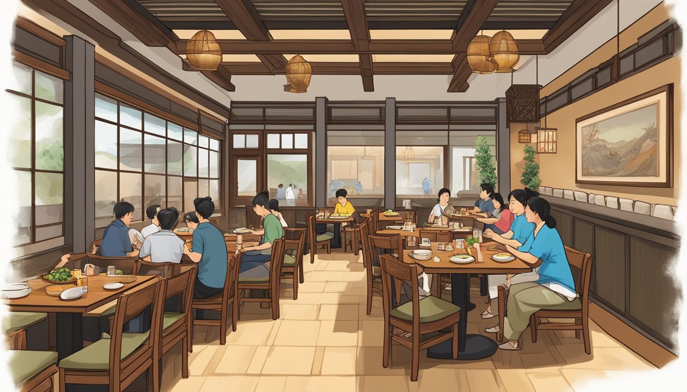 The togi Korean restaurant features traditional decor, with low tables and floor seating. A large stone grill is the centerpiece, surrounded by diners enjoying sizzling meats and flavorful side dishes
