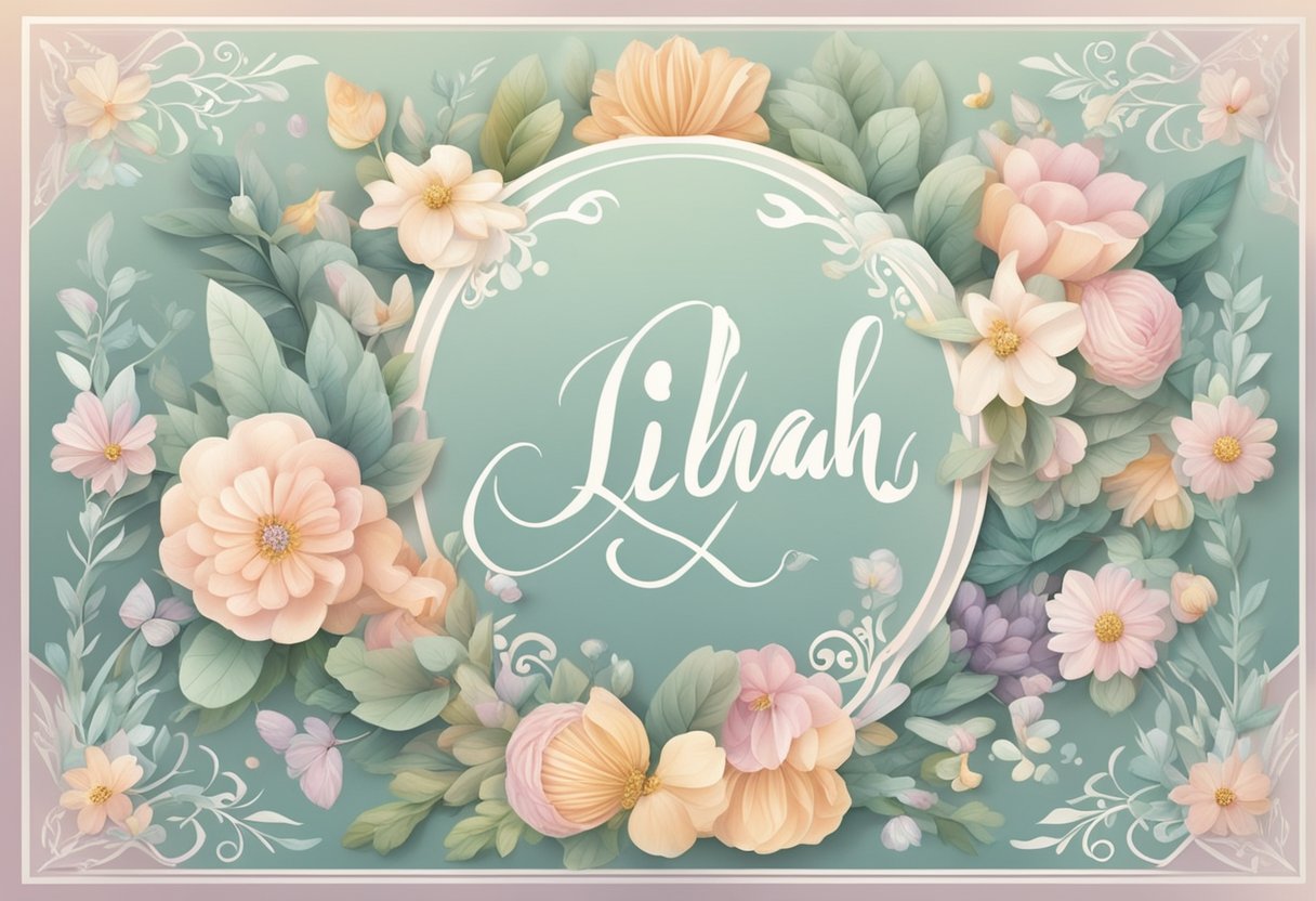 A baby name "Lilah" displayed in elegant script, surrounded by soft pastel colors and delicate floral patterns