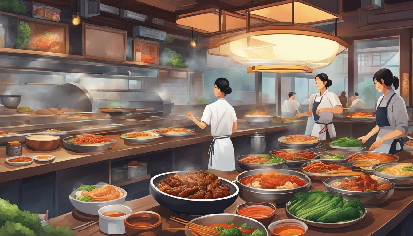 A bustling Korean restaurant with sizzling grills, steaming bowls, and vibrant kimchi. The air is filled with the aroma of spicy sauces and sizzling meats