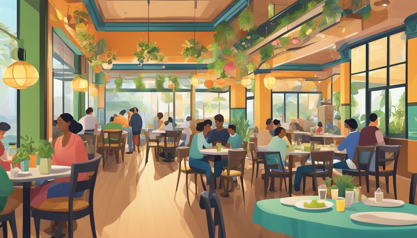 A bustling vegetarian restaurant in Sunshine Plaza, with vibrant decor and a diverse menu. Patrons enjoy their meals in a cozy, inviting atmosphere